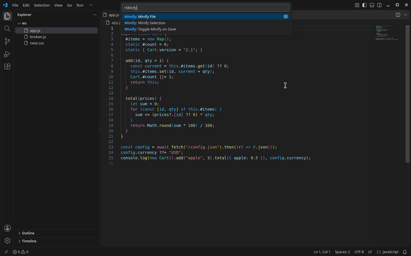 The three Minify commands in the Command Palette