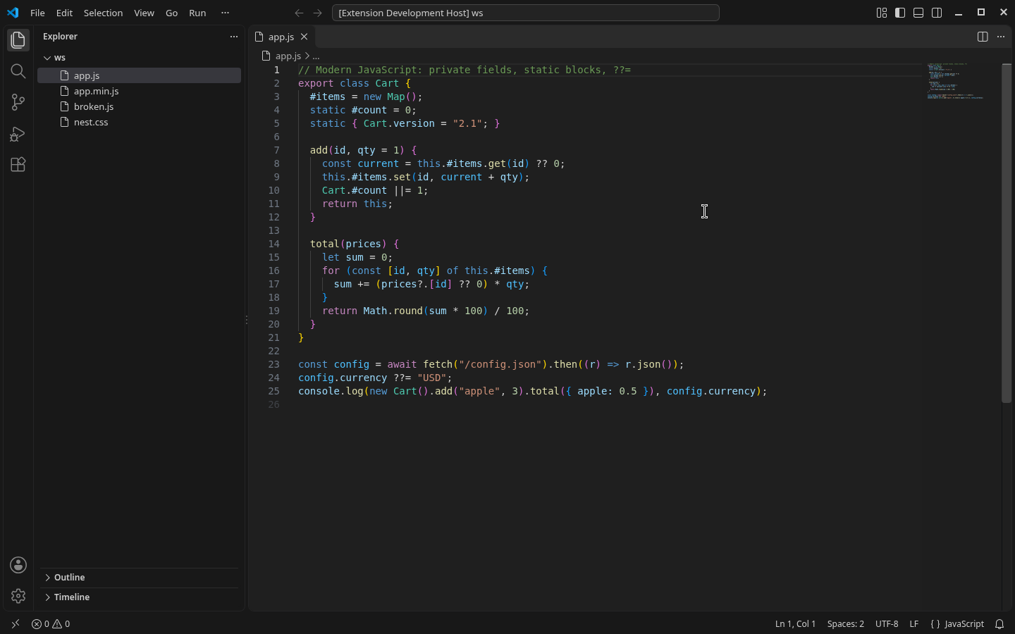 Minify File writes app.min.js and shows the size saved in the status bar