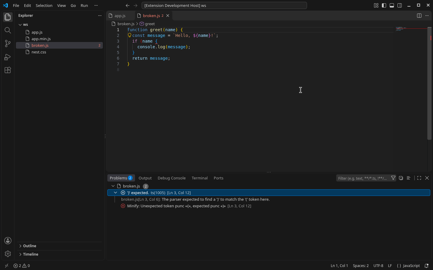 A syntax error shows the line and column, and nothing is written