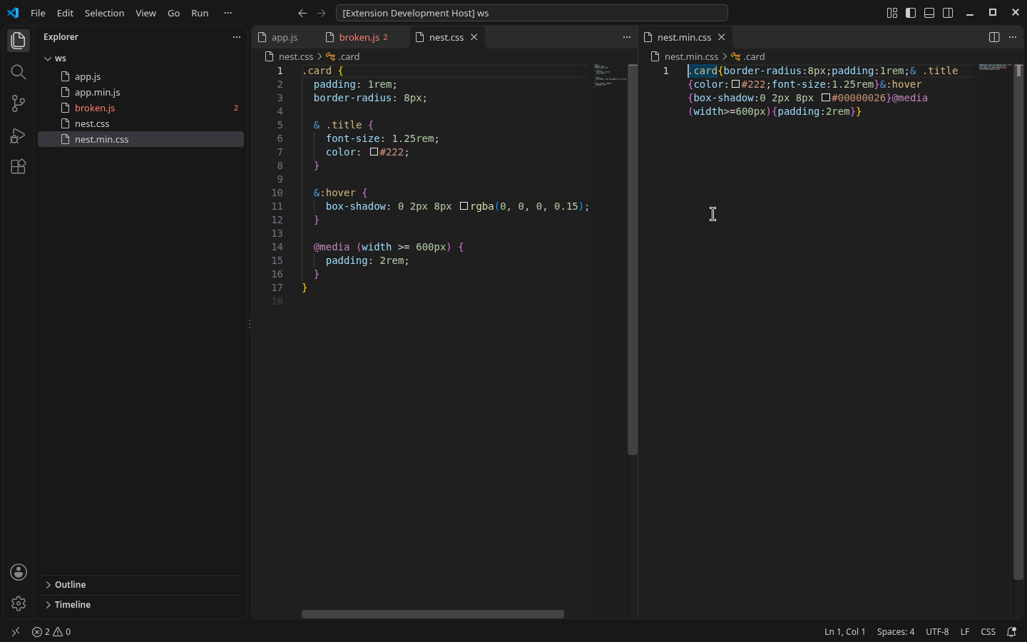 CSS nesting before and after minifying